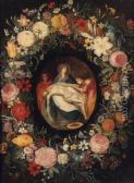 The Lamentation In A Medallion Surrounded By A Garland Offlowers Oil Painting - Jan Brueghel the Younger