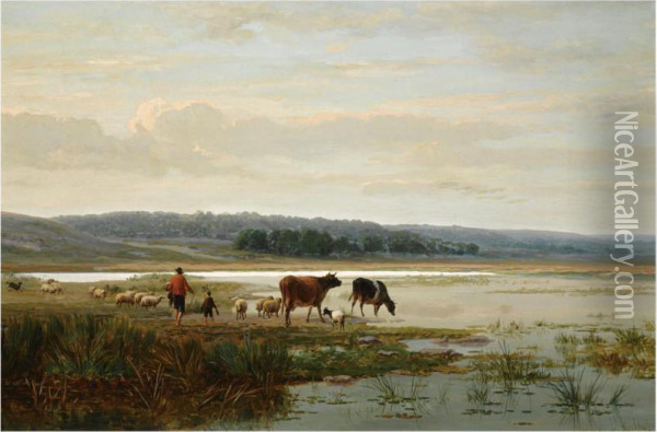 Watering The Cattle At Dawn Oil Painting - Frans Keelhoff