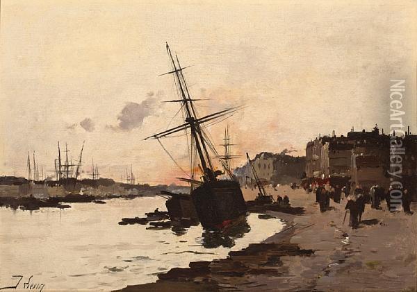 Ships In A Harbor Oil Painting - Eugene Galien-Laloue