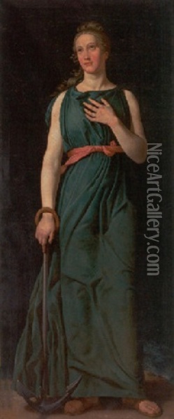 Kvinde I Gron Kjole, Staende Med Anker Oil Painting - Christoffer Wilhelm Eckersberg
