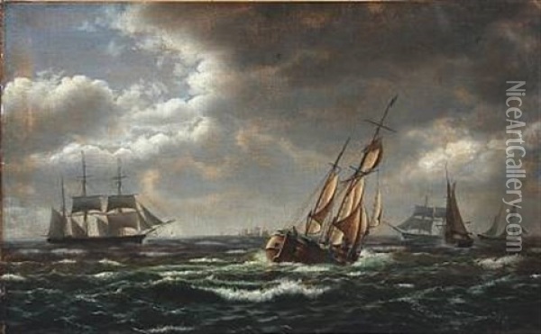 Seascape With Sailing Ships In High Waves Oil Painting - Carl (Jens Erik C.) Rasmussen