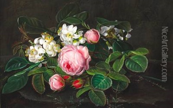 Pink Roses And Hawthorn On A Stone Sill Oil Painting - Julia Georgine Sophie Moltke