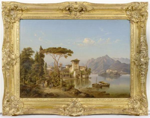 Landscape With A View On Lake Como Oil Painting - Heinrich Jaeckel