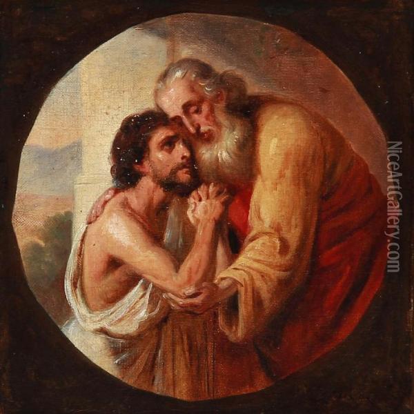 Religious Scene With Jesus Embracing An Elderly Man With A Beard Oil Painting - Nikolai Habbe