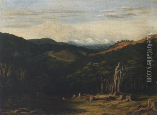A Woodland Clearing With Snow-capped Mountains Beyond Oil Painting - Charles Decimus Barraud