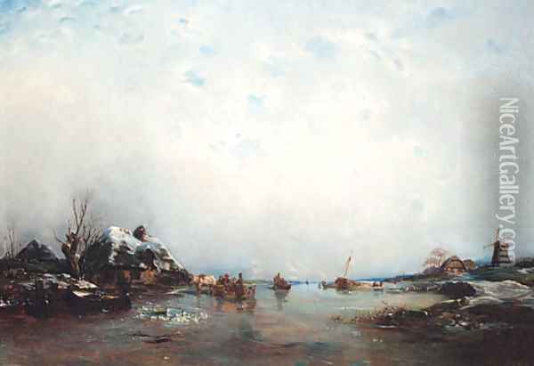 A Winter Landscape with Figures in Sledges on a frozen River Oil Painting - Johann Bernard Klombeck