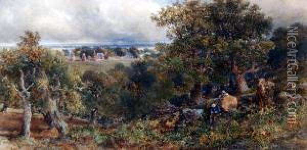 Pastoral English Landscape View With Loggers In The Foreground,forest And Buildings In The Distance Oil Painting - Josiah Wood Whymper