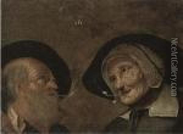 A Head Of A Man And A Woman, Both Smoking Pipes: A Fragment Oil Painting - Giacomo Francesco Cipper