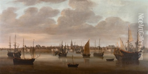 Segelschiffe Vor Der Hafeneinfahrt Der Stadt Vlissingen, Die Sich Im Hintergrund Erhebt Oil Painting -  Zeeman