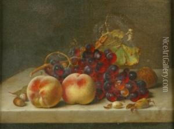 Still Life With Grapes, Peaches And Nuts On A Marble Plinth Oil Painting - Johann Wilhelm Preyer
