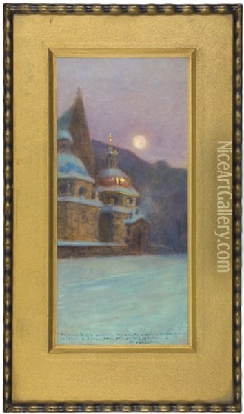 Cracow Cathedral In The Moon Aura Oil Painting - Stanislaw Poraj Fabijanski