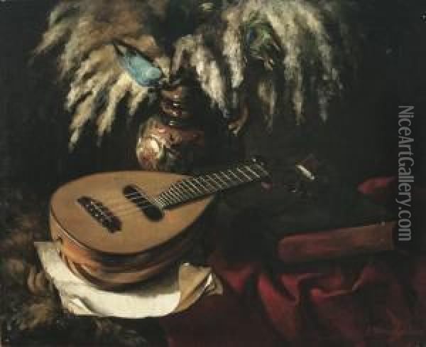 Still Life With Lute, Book And Vase Of Feathers Oil Painting - Franz Wiesenthal