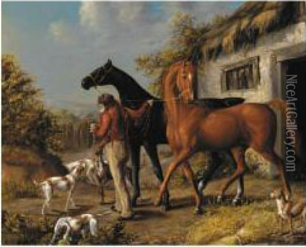Two Hunters And A Groom Outside A Stable Oil Painting - Thomas Hand