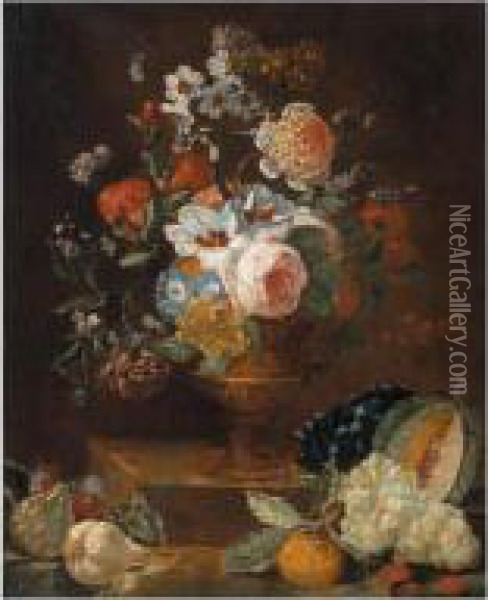 Still Life Of Flowers In A Gilt Vase, Upon A Stone Plinth, Together With Fruit Oil Painting - Caspar Pieter I Verbrugghen