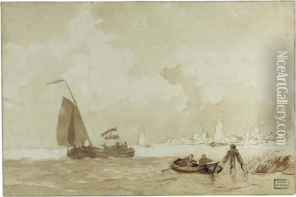 A Rowing Boat With Figures And A
 Sailing Vessel Near A Village(recto); A Study Of A Sailing Vessel 
(verso) Oil Painting - Willem Jun Gruyter