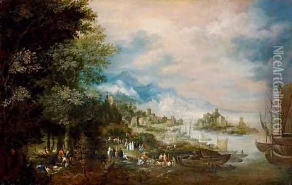 A coastal landsape, with hunters in the foreground and a town beyond Oil Painting - Johannes Jacob Hartmann