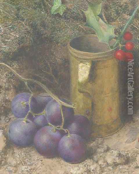 Still life of grapes, a tankard and a sprig of holly Oil Painting - William Henry Hunt