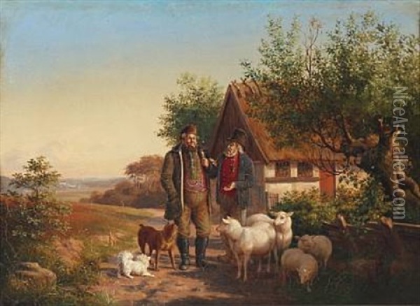 Two Men On The Country Road, One Is Selling Sheep Oil Painting - Carl Henrik Bogh