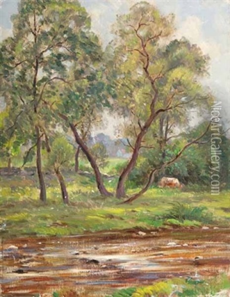 Landscape With Cow Oil Painting - Walter Clark