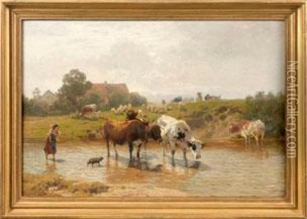 Bauernkinder Mit Kuh- Und Schafherde An Der Tranke Oil Painting - Ernst Adolf Meissner