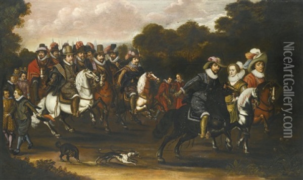 Cavalcade Of The Princes Of Orange-nassau And Their Company, With The Winter King And Queen Oil Painting - Adriaen Pietersz van de Venne