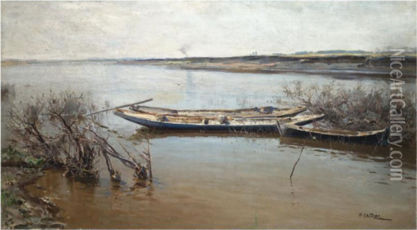 River Landscape Oil Painting - Nicolai Alexandrov. Klodt