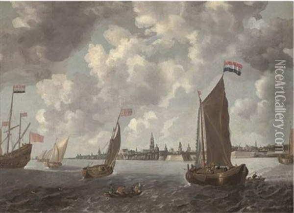 Frigates, Smalschips And Other Shipping In Choppy Waters In An Estuary Oil Painting - Bonaventura Peeters the Elder