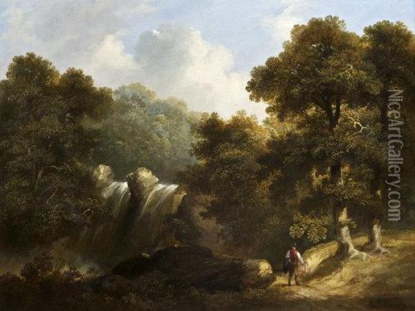 A Man Walking On A Wooded Path By A Rocky Torrent Oil Painting - James Arthur O'Connor