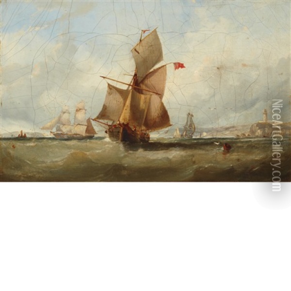Ships In Choppy Water Near Chalk Cliffs Oil Painting - Edwin Hayes