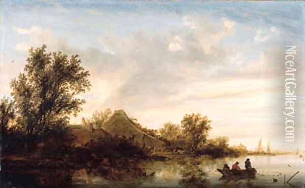 A river landscape with fishermen in rowing boats and peasants by a landing stage by a farmhouse, shipping beyond Oil Painting - Salomon van Ruysdael