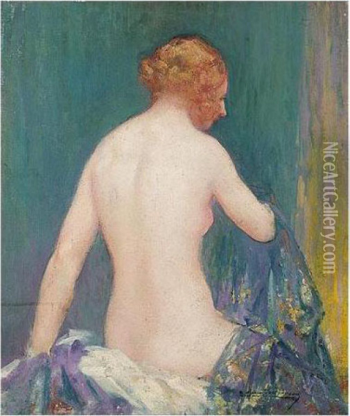 Nude With Blue Robe Oil Painting - Pierre Amedee Marcel-Beronneau