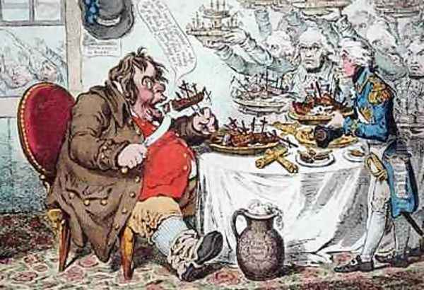 John Bull Taking a Luncheon or British Cooks cramming Old Grumble Gizzard with Bonne Chere Oil Painting - James Gillray