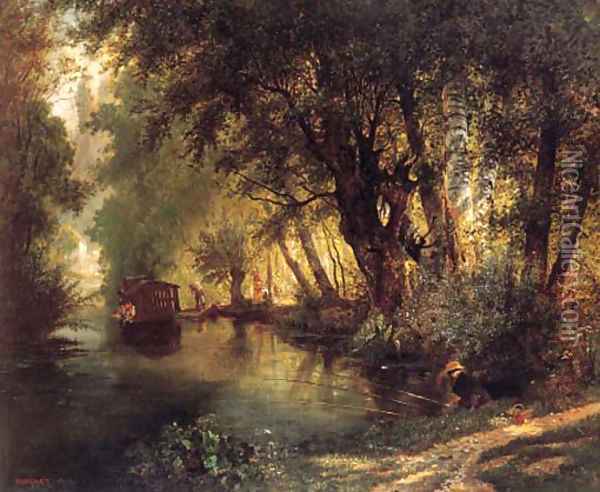 A summer evening on the canal Oil Painting - Jean Pierre Moynet