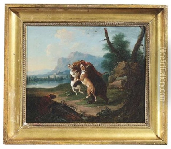 Drei Jagdhunde Greifen Einen Braunbaren An, Ein Vierter Setzt Zum Sprung An Oil Painting - Leopold Axtmann