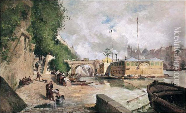 Bateau-lavoir Et La Conciergerie Oil Painting - Eugene Galien-Laloue