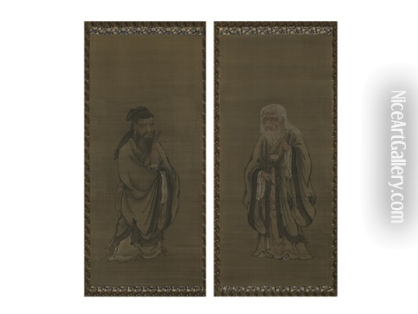 Figure (pair) Oil Painting - Motonobu Kano