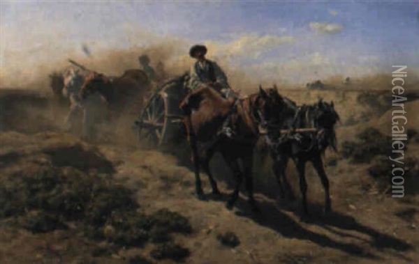 Pferdefuhrwerk In Puszta-landschaft Oil Painting - August Xaver Carl von Pettenkofen