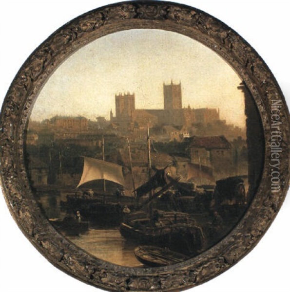 View Of Lincoln Cathedral From The River Witham Oil Painting - Edmund John Niemann