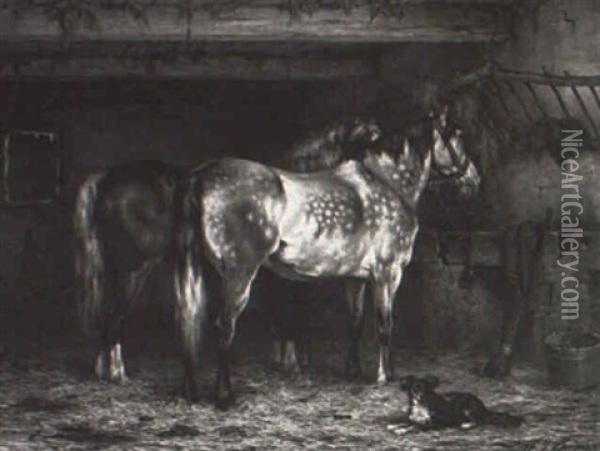 Stable Interior With Horses And A Dog Oil Painting - Willem Jacobus Boogaard
