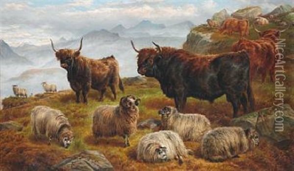 Scottish Landscape With Sheep And Highland Cattle, In The Background Mountains Oil Painting - Charles Jones