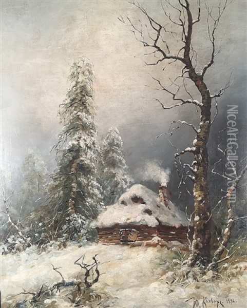 Cabin In A Snowy Landscape Oil Painting - Yuliy Yulevich (Julius) Klever