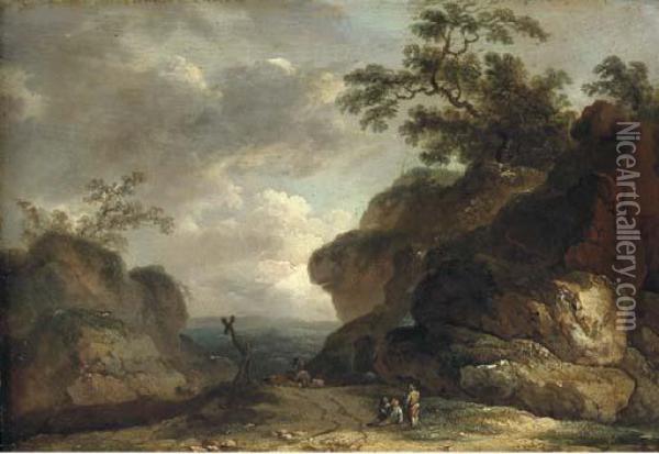 A Rocky Wooded Landscape With 
Figures By The Side Of A Track And Aherdsman And Livestock Beyond Oil Painting - James Arthur O'Connor