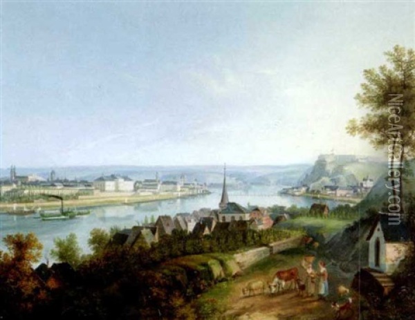 Ansicht Von Koblenz Mit Der Festung Ehrenbreitenstein Und Pfaffendorf Am Rhein Oil Painting - Johann Bachta