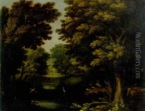 Waldlandschaft Mit Storchen An Teich Oil Painting - Abraham Govaerts