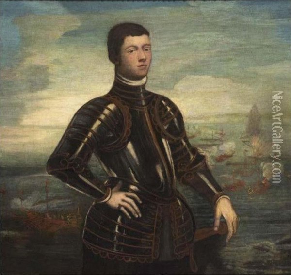 A Portrait Of A Young Admiral, 
Standing, Three-quarter Length, Wearing Armour, Before A Naval Battle Oil Painting - Jacopo Robusti, II Tintoretto