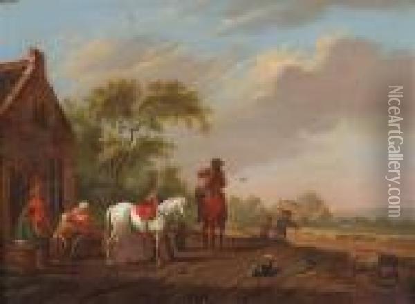 Horseman Departing A Country Cottage With Figures Oil Painting - Pieter Wouwermans or Wouwerman