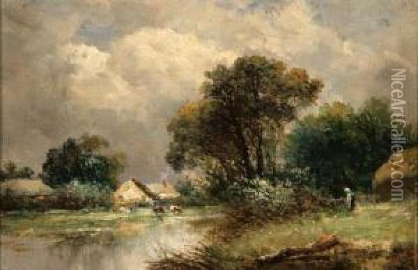 Rural Landscape With Cottage And Cows Watering Oil Painting - Patrick, Peter Nasmyth