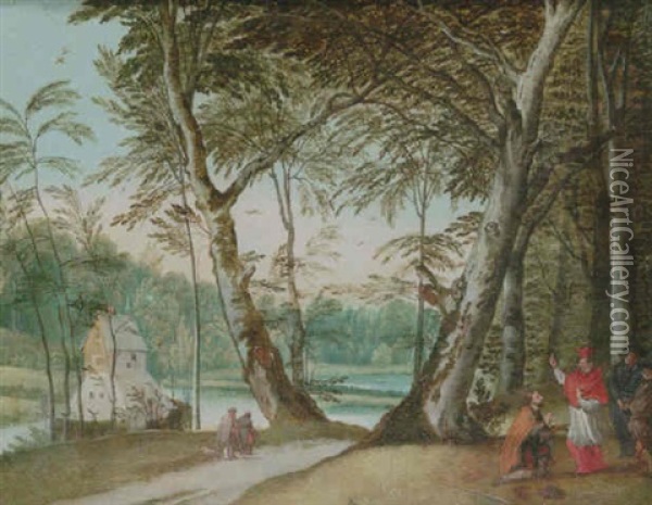 A  Wooded Landscape With A Beggar Kneeling Before A Cardinal Oil Painting - Jasper van der Laanen