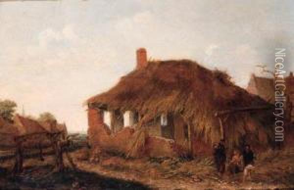 A Gypsy Woman With Travellers By A Ruined Barn In A Landscape Oil Painting - Emmanuel Murant