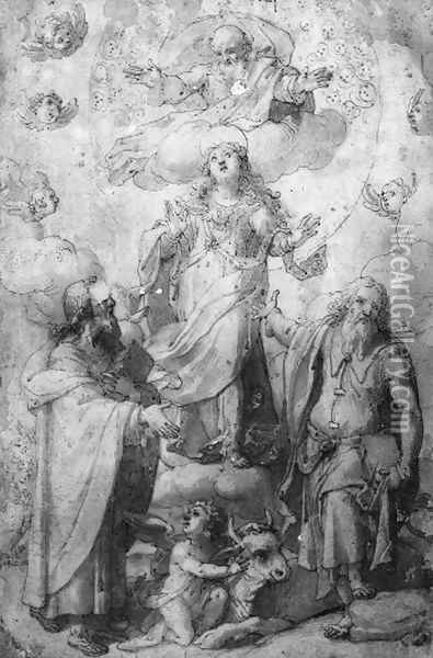 The Madonna and God-the-Father with Saint Luke and Saint Matthew Oil Painting - Filippo Bellini